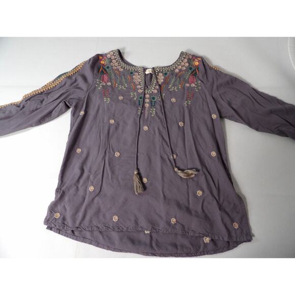 Solitaire Tunic Blouse Womens Large Gray Embroidered Boho Hippie Tassel Keyhole - Picture 6 of 13
